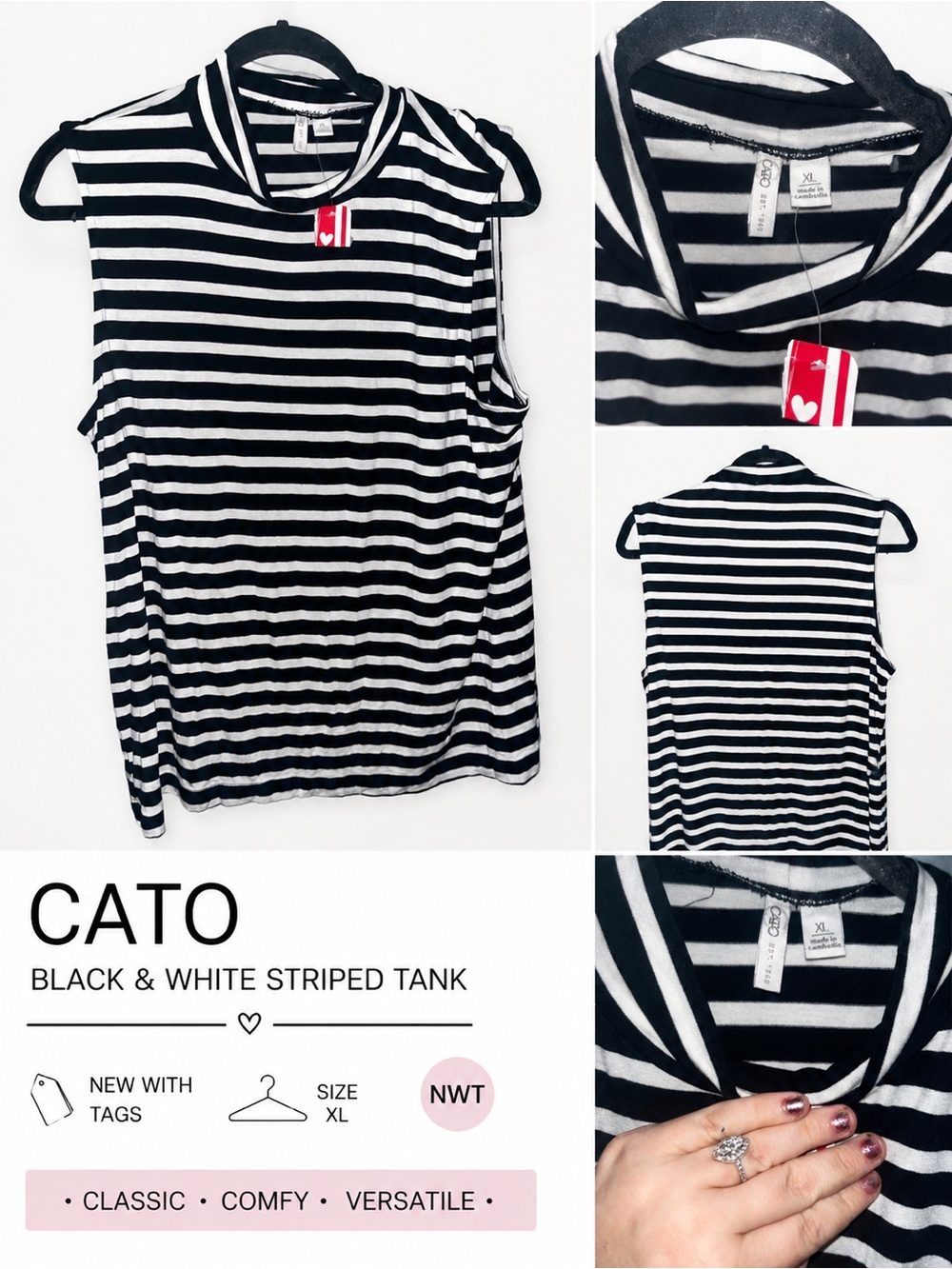 Cato Black & White Striped Mock Neck Tank